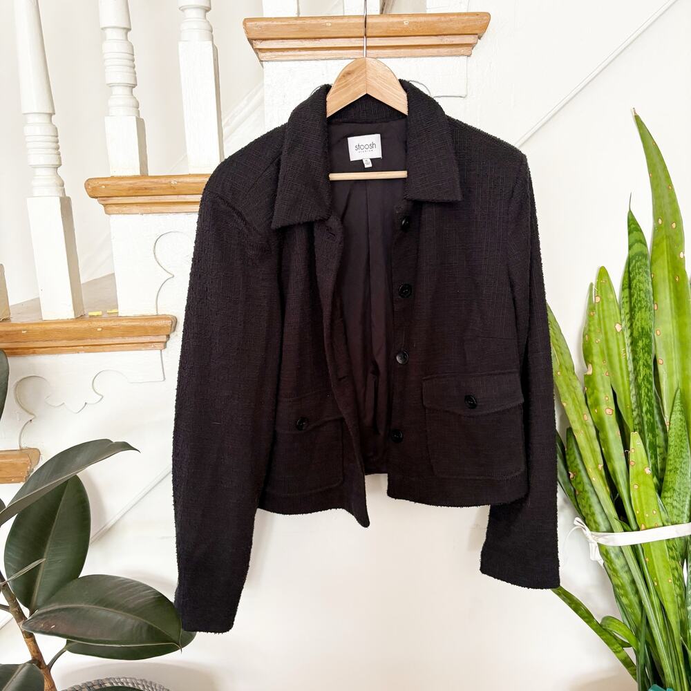 Stoosh Black Textured Button Front Jacket Lined Pockets Lightweight Layer Sz XL